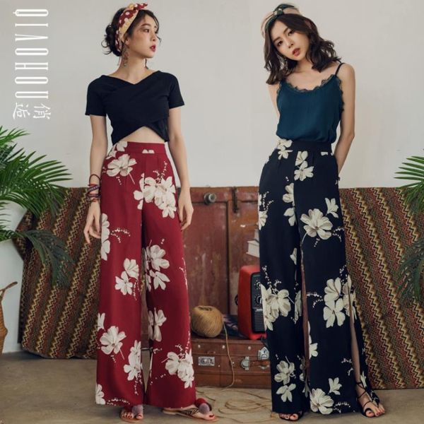 海灘褲 俏逅闊腿褲女夏高腰復古長褲波西米亞寬鬆大花褲子垂感開叉海灘褲 免運 艾維朵
