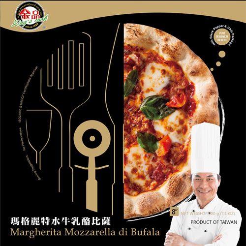 ◆熱愛比薩必點經典代表作-瑪格麗特比薩,新鮮番茄、莫札瑞拉軟Q乾酪(水牛起司)、清香羅勒組成美味。◆升級大份量大滿足為訴求，美味可口，金品最自豪的餅皮充分呈現麵粉香氣，恰到好處厚度，烘烤後外層香酥不失