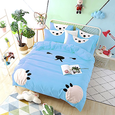 HUEI生活提案 柔絲絨被套床包四件組 加大 熊愛睏藍