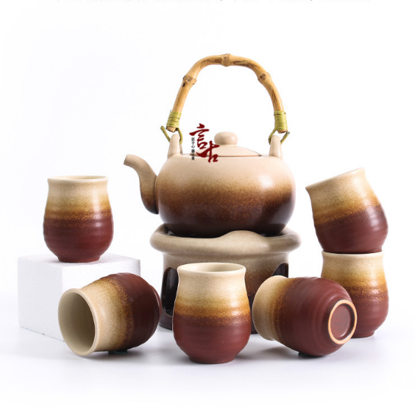 粗陶酒精煮茶爐套裝一壺六杯日式功夫茶具煮茶器酒精燈爐黑茶陶瓷
