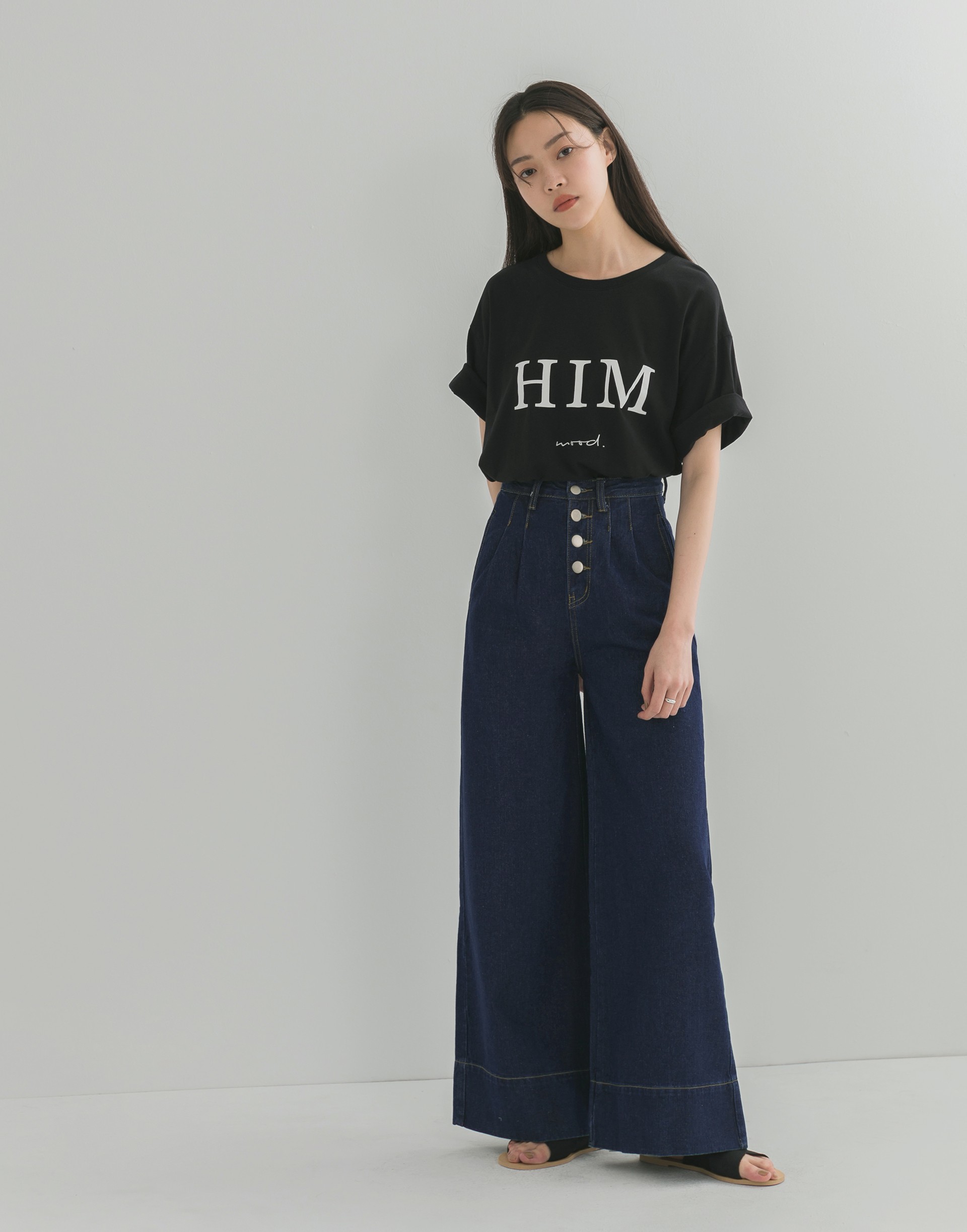 GENQUO+排釦高腰反摺落地寬褲-女