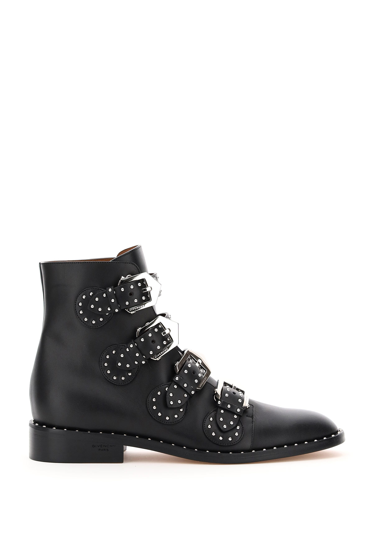 Givenchy Elegant leather ankle boots with studs on the buckled straps and on the base. Logo engraved