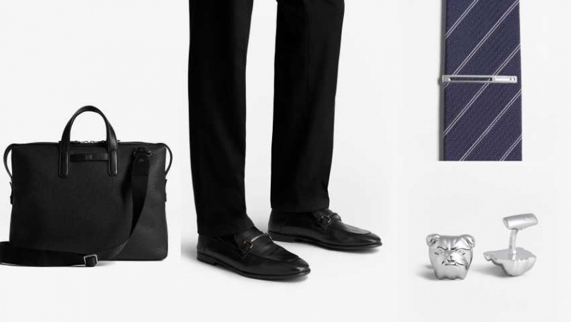 dunhill harness公事包／73,500元、dunhill經典樂福／27,500元、dunhill領帶夾／11,000元、dunhill造型袖扣／16,950元（圖／品牌提供）