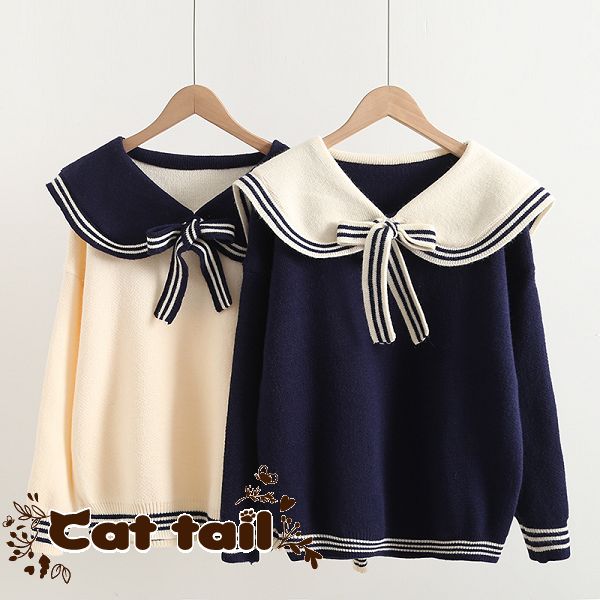 《貓尾巴》DJ-0119 日系海軍領加厚針織毛衣(森林系 日系 棉麻 文青 清新)