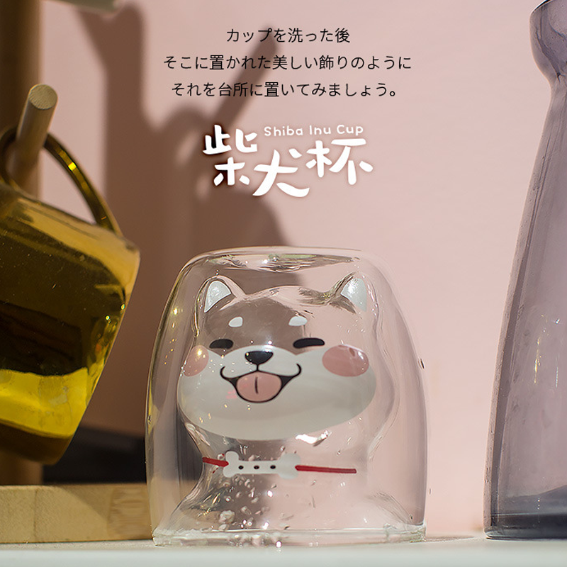 柴犬雙層玻璃杯 柴犬 造型杯 耐熱 雙層杯 玻璃杯 水杯 茶具