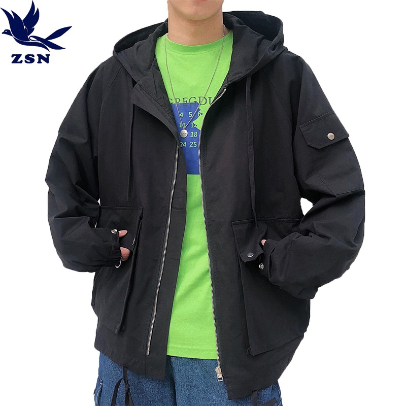 oversize港風多口袋素面連帽外套 韓版文藝工裝外套 百搭情侶外套夾克 休閒寬鬆長袖外套 復古簡約教練外套 運動外套