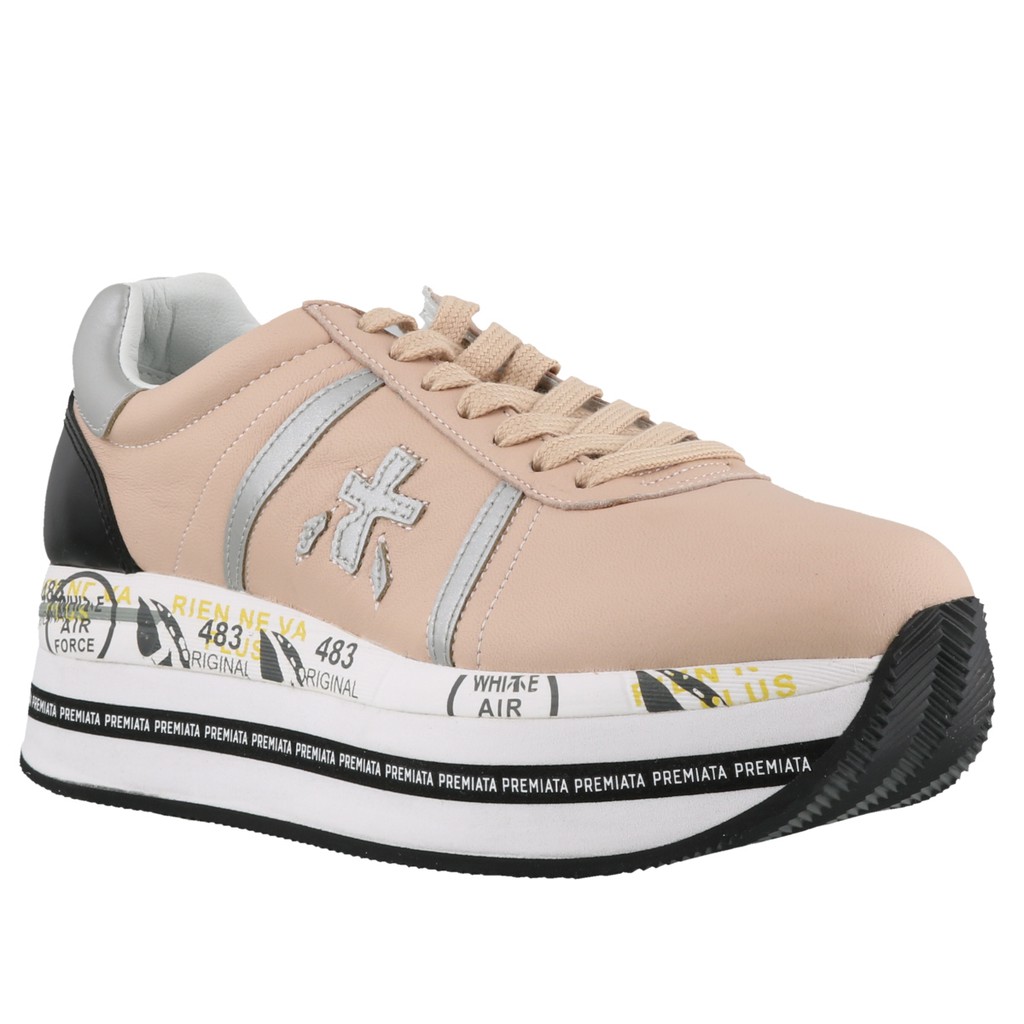 全新真品韓星最愛義大利Premiata 粉色厚底球鞋 圓頭 皮革細節 繫帶封口 銀色調 超大橡膠鞋底橡膠鞋底帶徽標 鞋舌的標誌 側面的標誌 皮革鞋面100％面料/橡膠鞋底製造地: 越南製造輸出國: 義