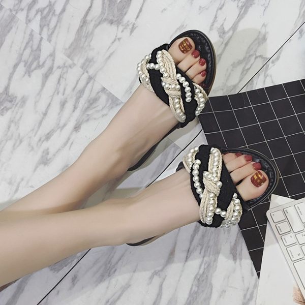 草編鞋 歐美珍珠一字型女拖鞋草編平底涼拖沙灘鞋百搭女拖潮 伊衫風尚