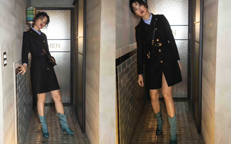 VERSACE 華麗釦飾大衣／價格未定、刺繡條紋襯衫／約29,150元、Virtus 縫線兩用手袋／約43,150元；GUCCI 水晶藍低跟長靴／58,700元（圖／莊立人攝）