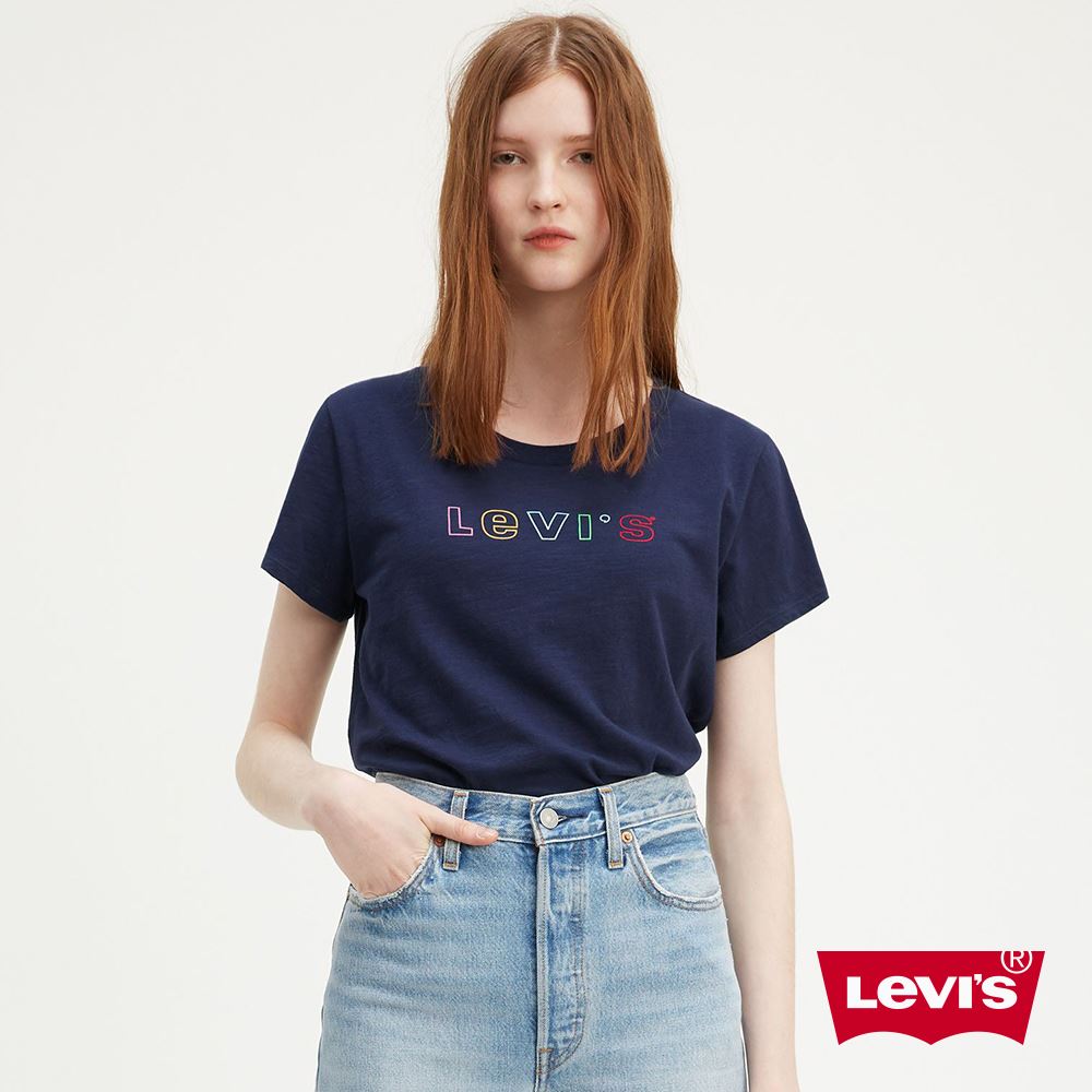 Levis 女款 短袖T恤 / 翻玩夏日Logo T / 中短版 / 彩虹植絨線框