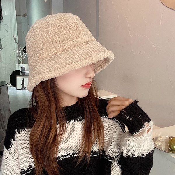 羊羔毛帽子 羊羔毛帽子女秋冬漁夫帽韓版百搭水桶帽加厚保暖毛絨盆帽潮月子帽 嬡孕哺