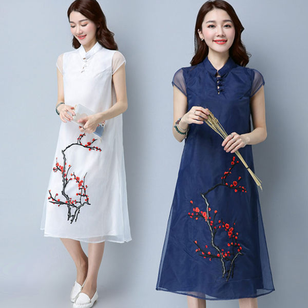 【名模衣櫃】型-復古典雅梅花刺繡連衣裙-共2色-(M-2XL可選) 51267