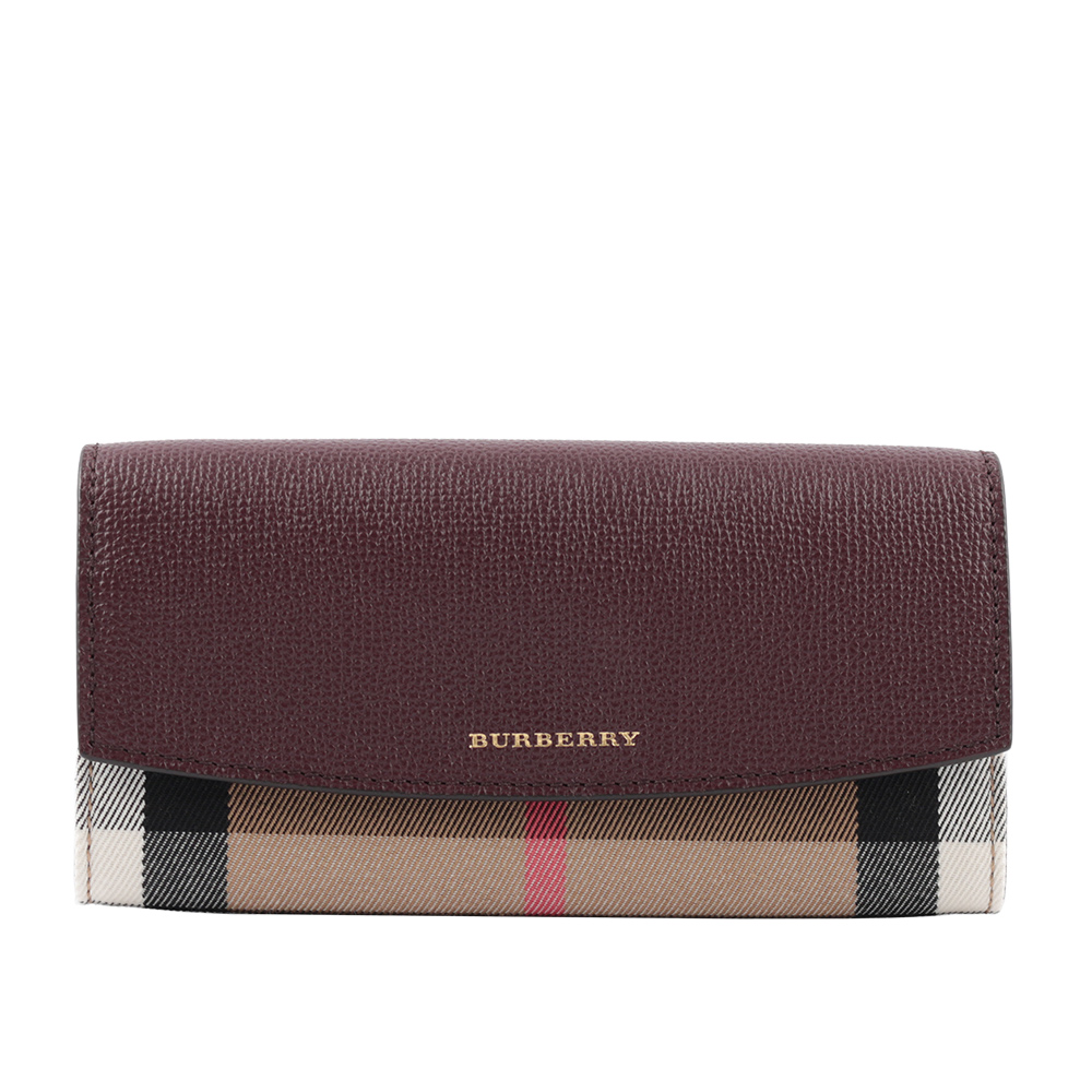 BURBERRY HOUSE格紋拚皮革壓釦長夾(酒紅色) 80278921