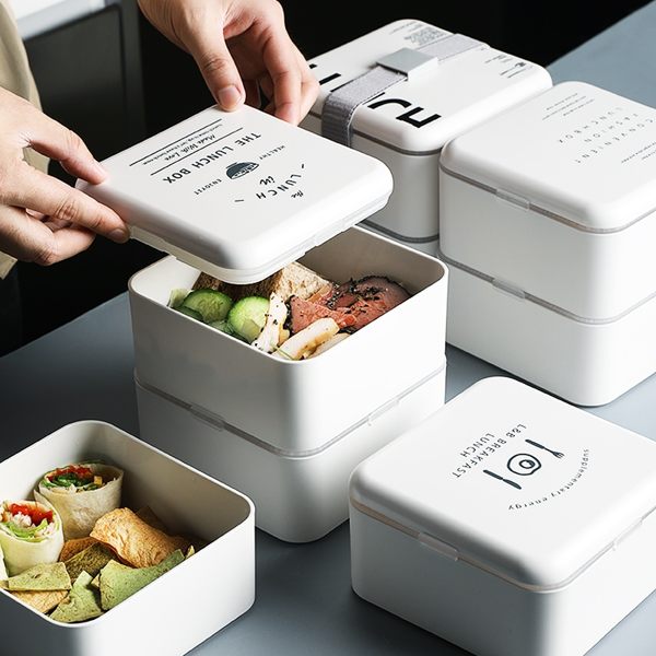北歐方形分隔可微波便當盒 耐熱保鮮盒 雙層 附綁帶餐具 午餐盒 便當 保鮮盒