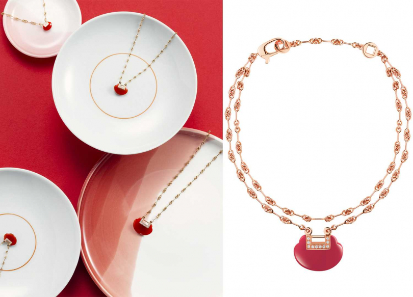 Qeelin「Yu Yi」系列，（左）18K玫瑰金鑽石及紅瑪瑙小型項鍊╱112,100元；中型項鍊╱148,600元；（右）雙手鍊╱88,200元（圖片提供╱Qeelin）