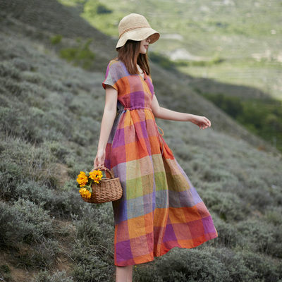 亞麻連身裙 格子洋裝 度假裙 寬鬆大擺長裙-夢想家-0626