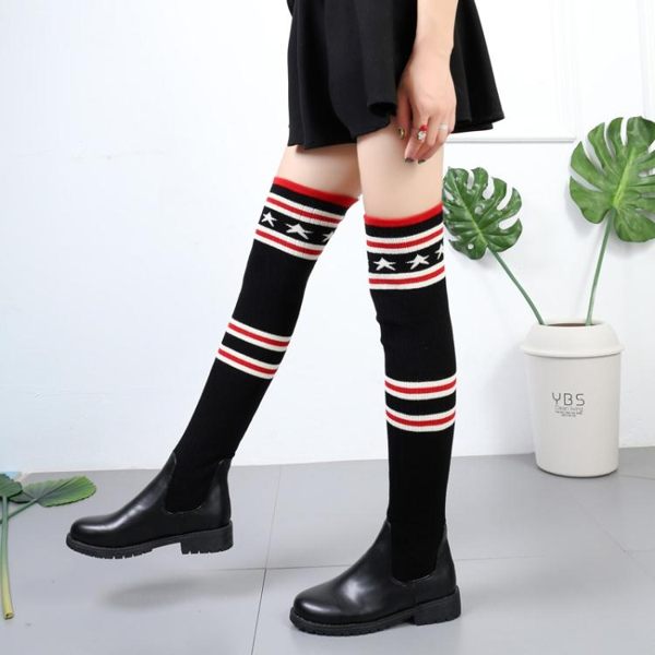 毛線膝上靴女過膝 襪 靴秋冬新款防滑平底粗跟長筒彈力針織秋冬皮靴
