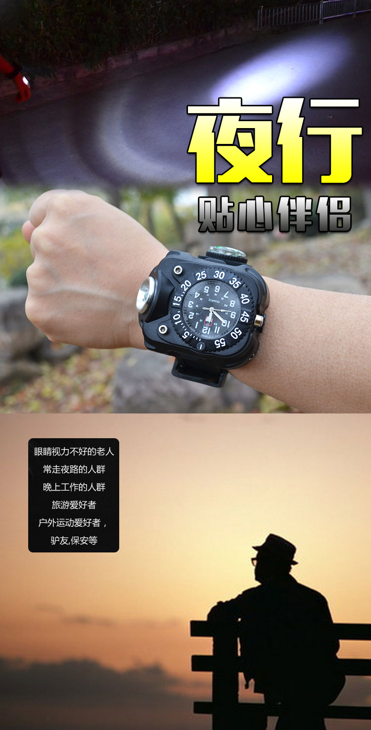 品名:腕錶手電筒 產品說明: 光源:LED CREE XPE-Q5 尺寸：表帶25cm*表盤長6cm*表盤寬5cm 防水：日常防水 電源：內置鋰電池 調焦：否 射程：50-100米 流明：240/90