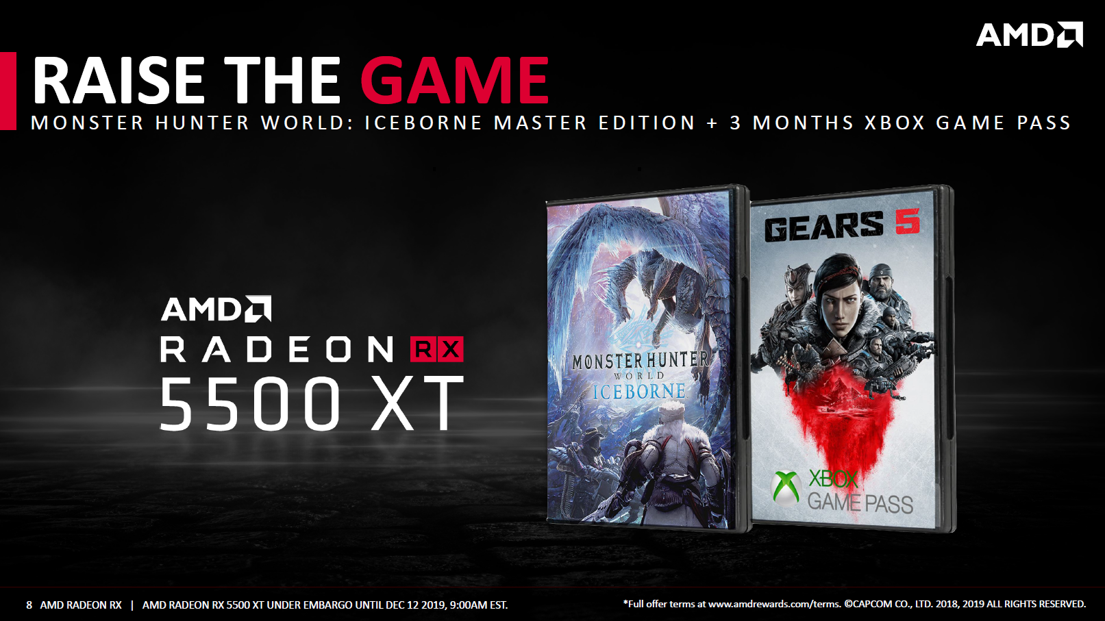 Radeon RX 5500 XT 上市初期售價較高，透過贈送遊戲 Monster Hunter World: Iceborne「魔物獵人 世界」大型擴充內容 Master Edition 大師版，彌補與競爭對手的價差。
