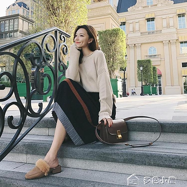 秋冬新款女裝韓版休閒高腰針織半身裙女中長款百搭拼色百褶裙