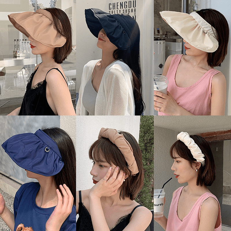 以往都覺得遮陽帽很老派、很醜，這款遮陽帽打破你的想像！韓國百變防曬髮箍遮陽帽，韓國熱銷超美貝殼帽，仙氣十足，輕鬆美美防曬，不必拿重重的遮陽傘，無需遮陽時，捲起來當裝飾也非常好看，多種顏色可以選擇搭配。
