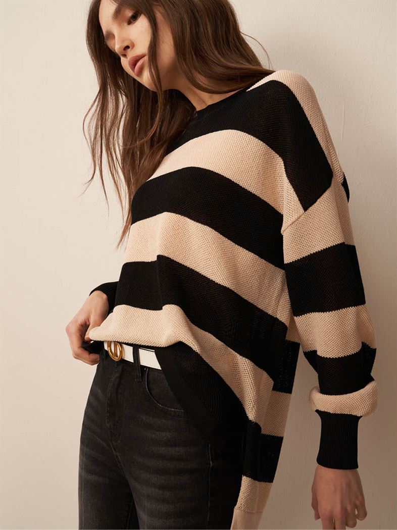 寬版條紋落肩針織上衣
