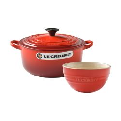 Le Creuset 琺瑯鑄鐵圓鍋 18cm 1.8L 櫻桃紅 法國製+韓式飯碗 胭脂紅