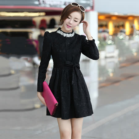 【Jisen】韓風名媛緹花收腰短版洋裝