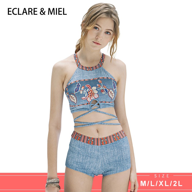 材質：請見上方圖片說明■ 現貨+預購■ 波希米亞民族風圖騰，充滿異國風情的三件套度假泳衣■ 上衣繞頸削肩，視覺上縮小肩膀比例■ 背部扣式肩帶可調節，綁帶多層繞圈增添層次感■ 胸墊偏厚，可拆卸清洗，有鋼