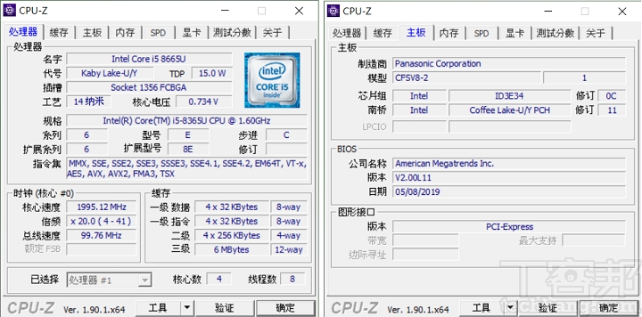 利用 CPU-Z 來檢視 CF-SV8 的核心規格，處理器為 Intel Core i5-8365U，製程為 14 奈米，採 4 核心 8 執行緒架構。