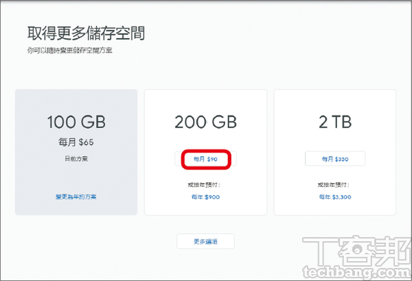 1.到Google One網站頁面的「取得更多儲存空間」，會顯示目前方案，並可選擇要升級或降級至哪一種方案。