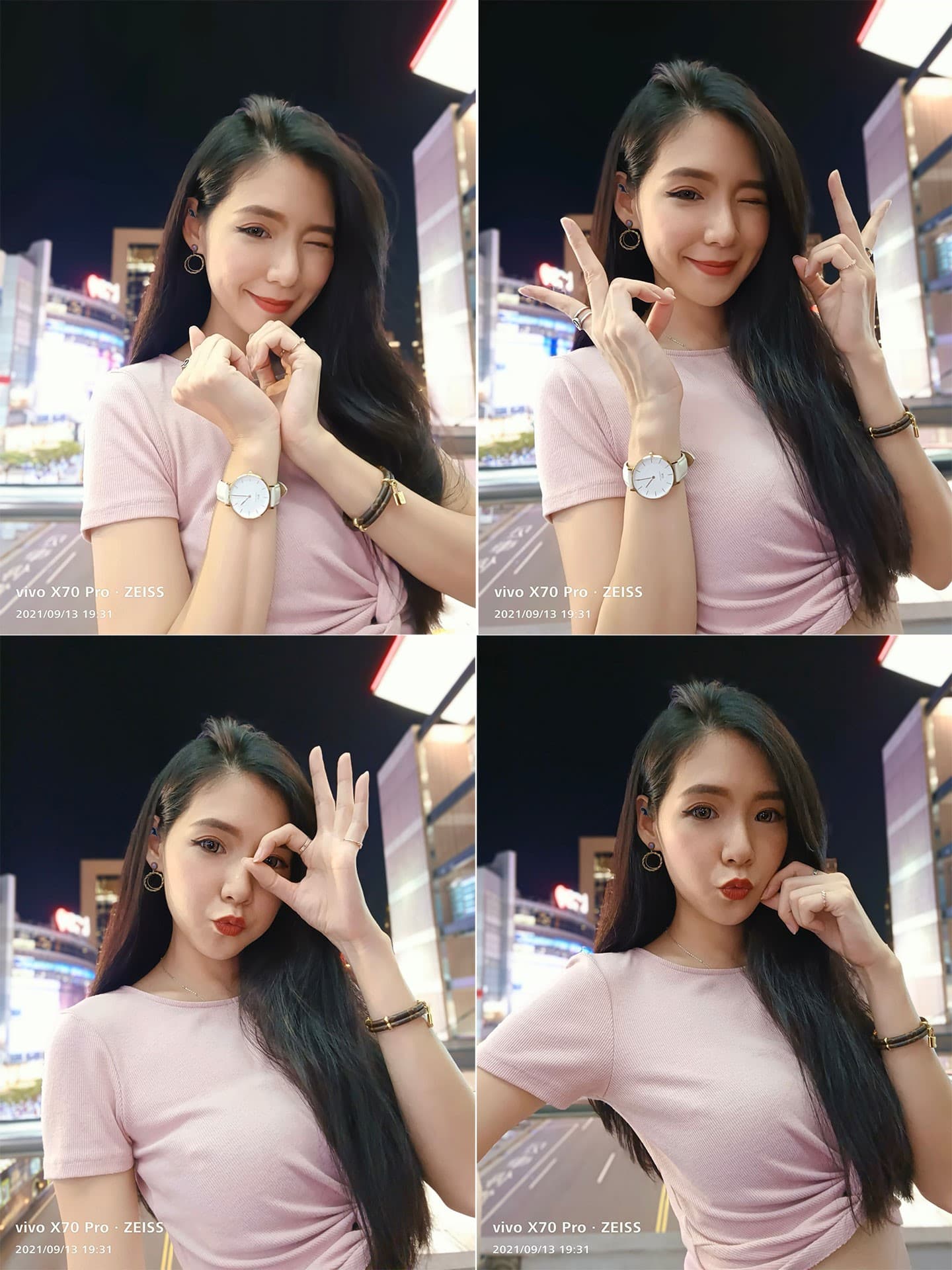 實際使用前鏡頭拍攝的夜景人像照。