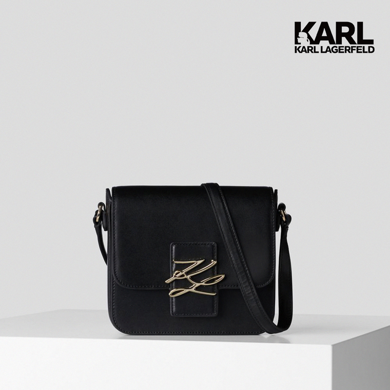 【KARL LAGERFELD】KL LOGO真皮斜背方包-黑 (原廠公司貨)