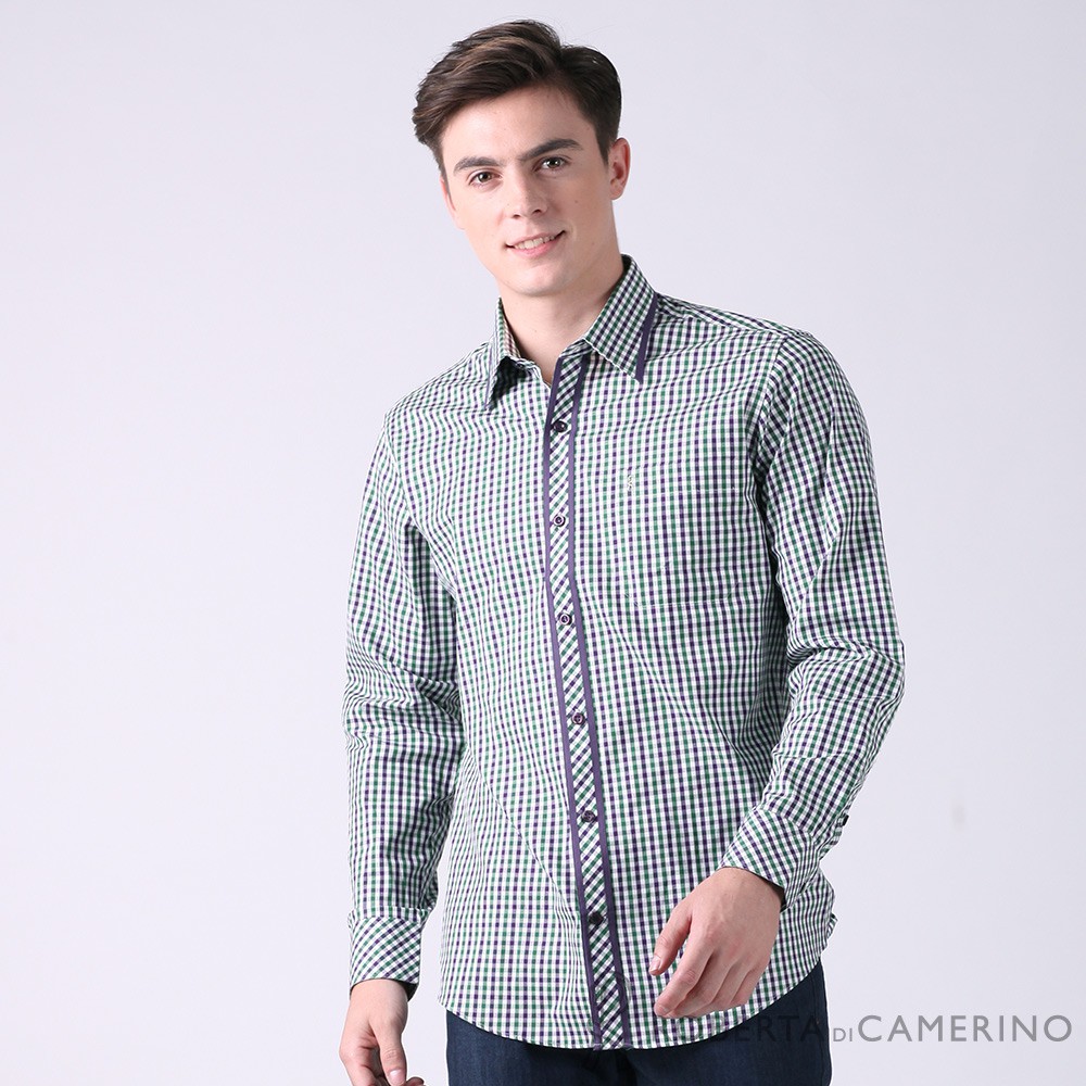 ROBERTA DI CAMERINO義大利知名品牌專櫃嚴選 品質保證 合身版 純棉休閒格紋長袖襯衫RFD17-45綠色材質：棉100%版型：1002