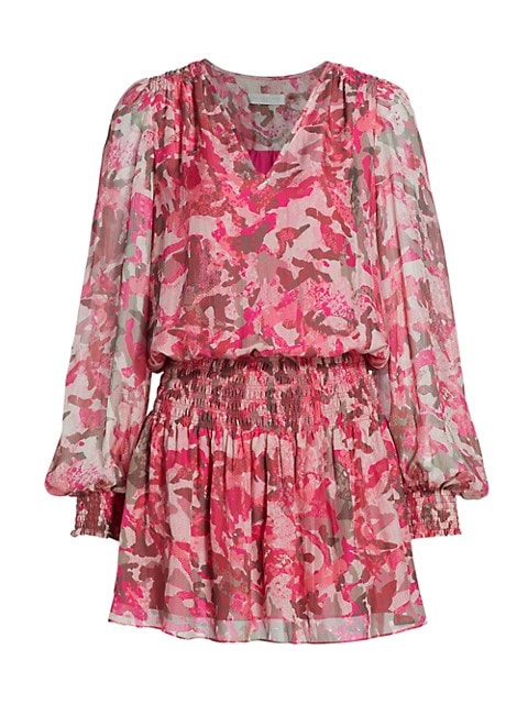 Sophisticated blouson mini dress with a unique camo-motif.; V-neck; Long sleeves; Smocked waist; Lin