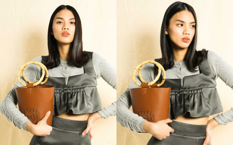 MIU MIU Tops 上衣／價格未定、Knitwear 針織衫／價格未定、Skirt 過膝裙／價格未定、City Sport Leather and Bamboo Bucket Bag 水桶包／價格未定（攝影／戴世平）