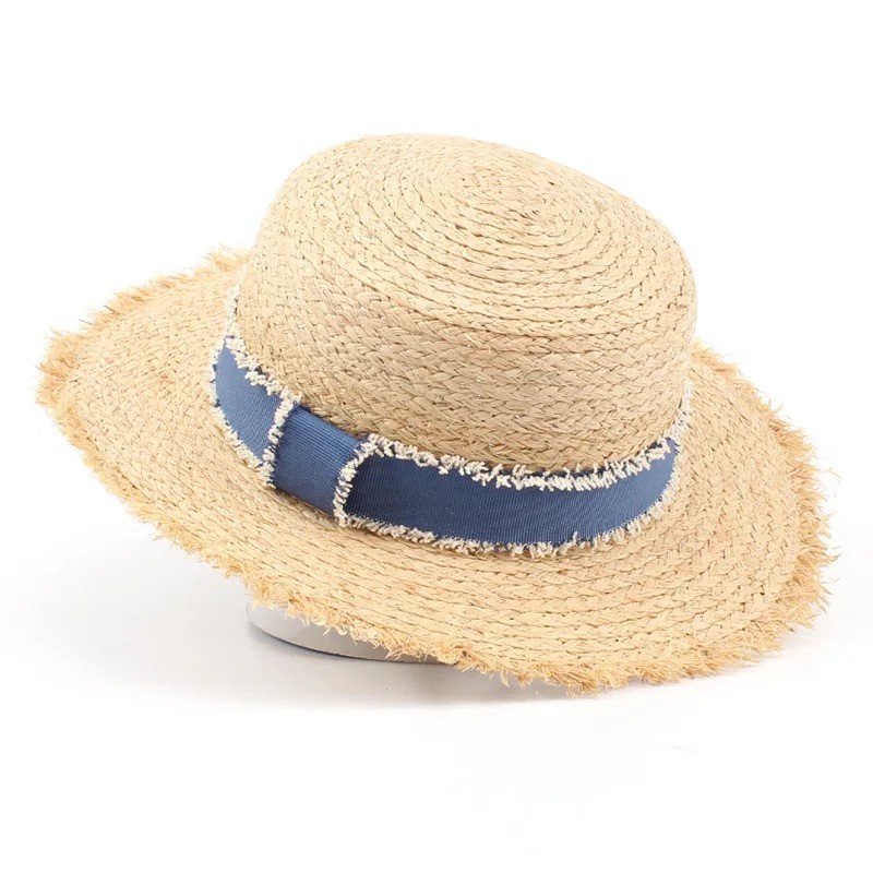 春夏拉菲草牛仔緞帶平頂草帽遮陽帽