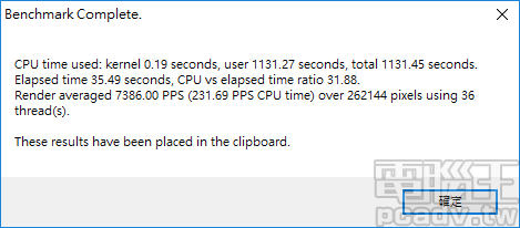 POV-Ray 使用 36 條執行緒，獲得 7386PPS