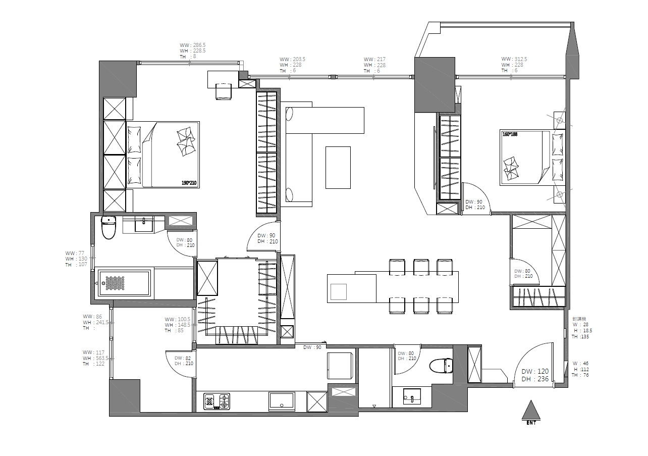 平面圖;設計圖;門窗;橫梁;柱體;空間配置;格局;採光;比例尺;家具;地板