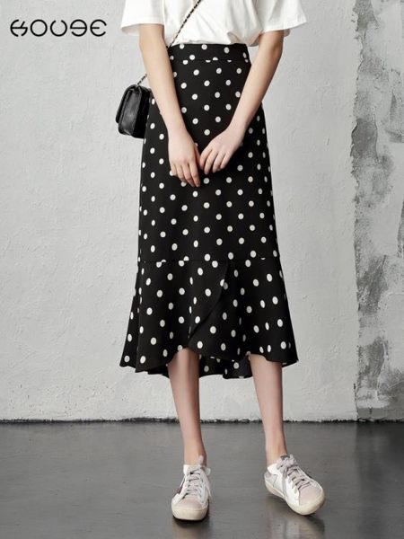 波點半身裙女雪紡長裙2019新款高腰包臀裙夏季中長款荷葉邊魚尾裙 嬌糖小屋
