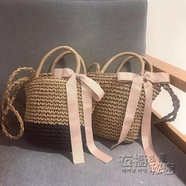 紡織包ins同款蝴蝶結草編包 海邊度假編織包手提沙灘包斜跨包小清新夏 衣櫥秘密