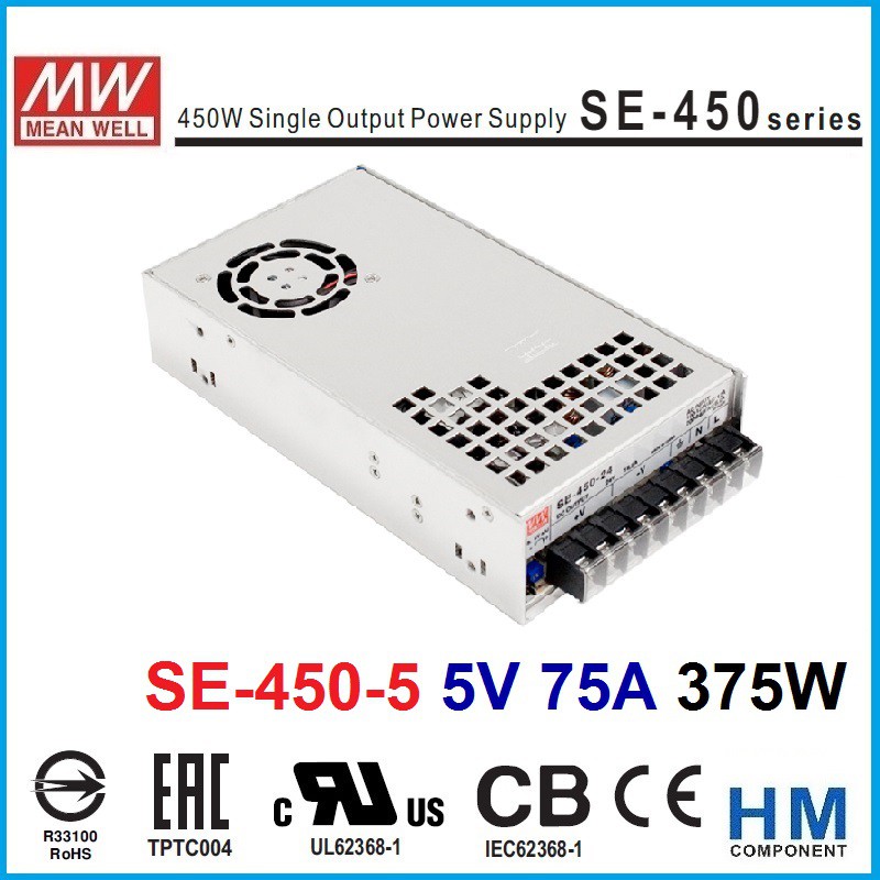 #SE-450-5#5V#375W‧ 交流輸入突入電流限制‧ 交流輸入範圍通過開關置換‧ 保護種類：短路/過負載/過電壓/過溫度‧ 內置直流風扇強制風冷‧ 具有遙感功能‧ LED指示工作情況‧ 通過U