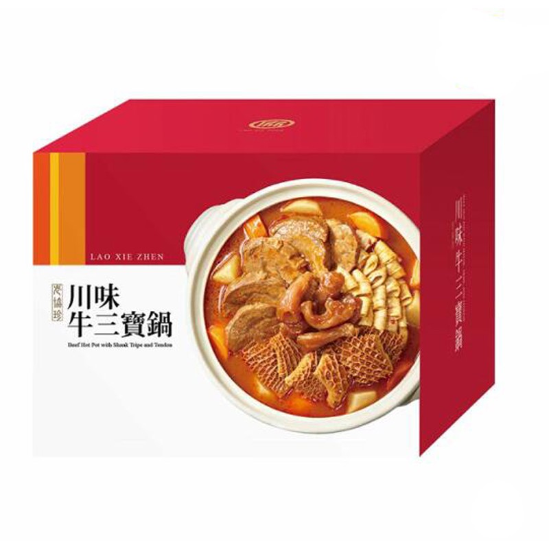 商品規格品名 老協珍 冷凍川味牛三寶鍋 2305公克內容量/入數 1盒商品重量 (固態克數) 2305公克(固形物760公克)成分 水、牛腱、白蘿蔔、紅蘿蔔、牛筋、大豆油、牛肚、腐竹(黃豆.水)、辣椒