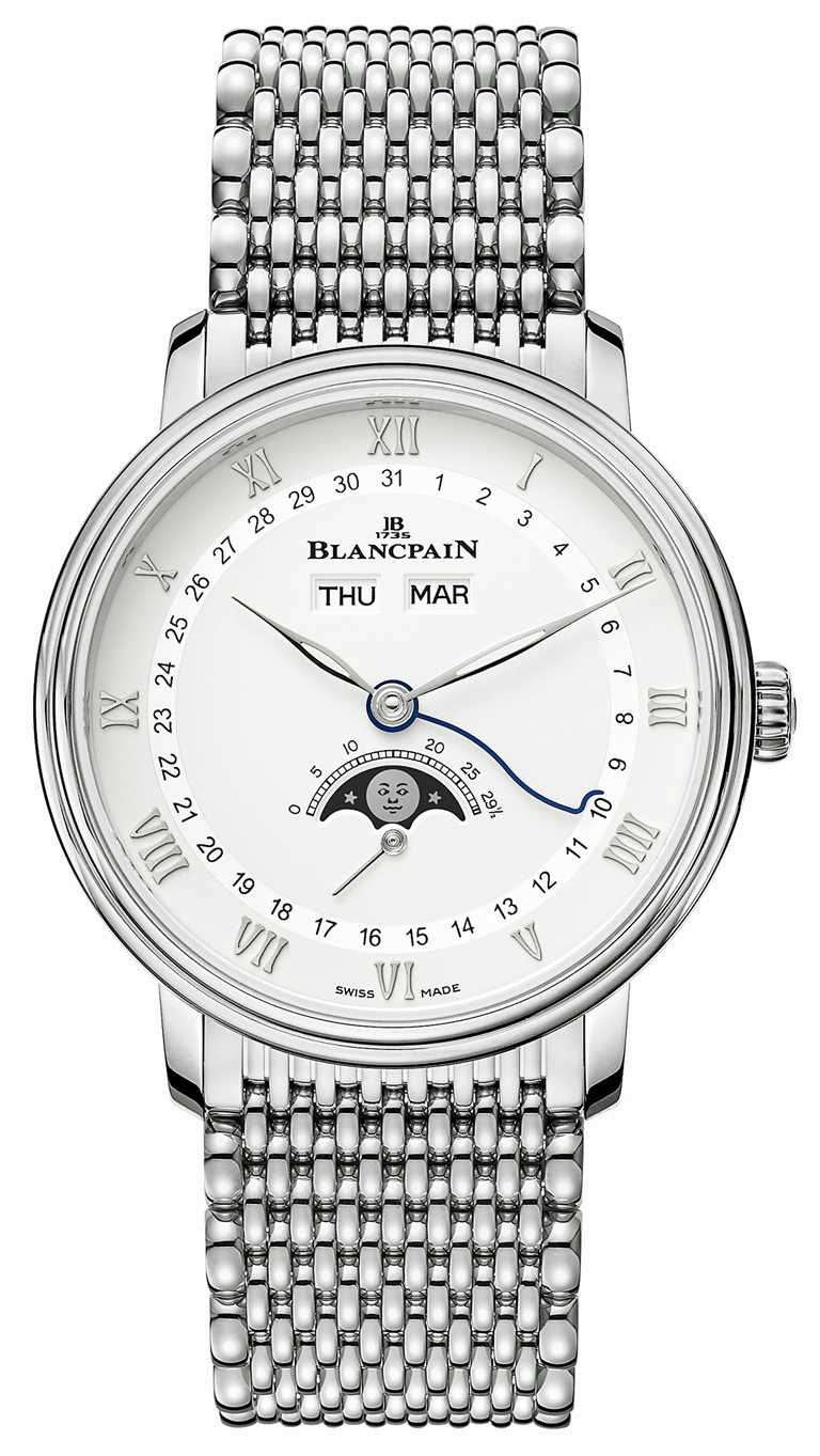 BLANCPAIN「Villeret系列Quantième Complet」全日曆月相腕錶，不鏽鋼錶殼，鱷魚皮錶帶，38mm╱421,000元。（圖╱BLANCPAIN提供）