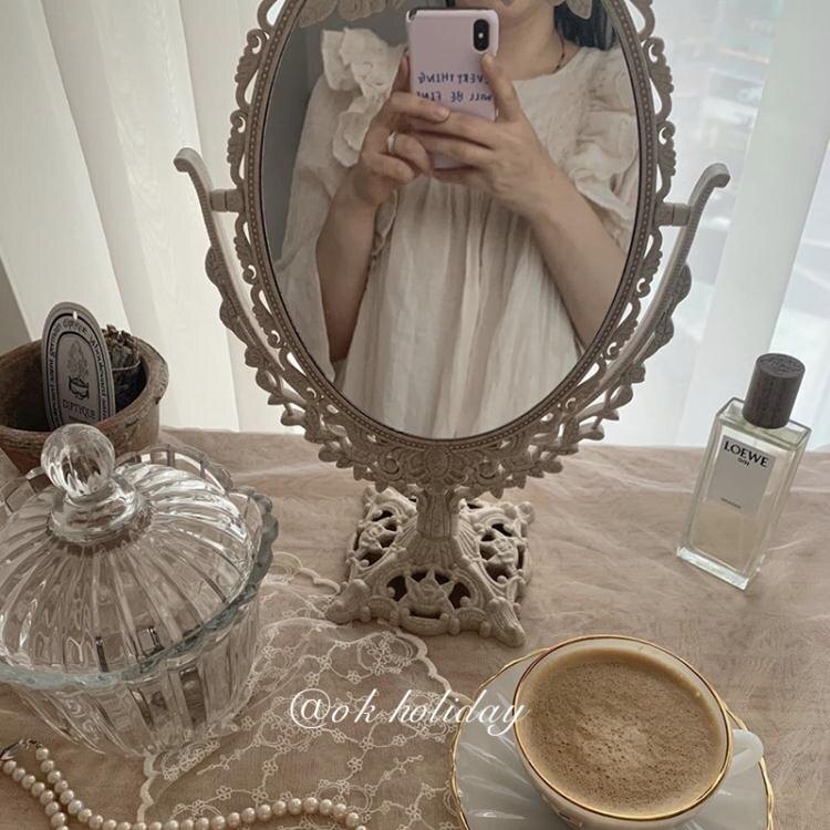 化妝鏡 ok holiday*韓國ins法式復古雕花翻轉鏡子民宿宿舍裝飾桌面化妝鏡