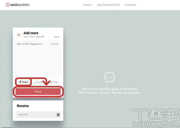 2.一次可以選擇多個檔案，也可以在檔案列表中新增或刪除檔案，然後選擇「Direct」按下「Send」。
