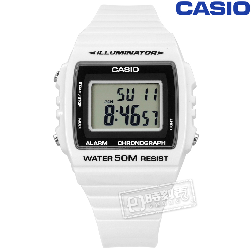 CASIO 卡西歐 / W-215H-7A / 門市販售中 訂購詳情歡迎私訊LINE / 計時碼錶 LED照明 鬧鈴 電子數位 橡膠手錶 白色 38mm