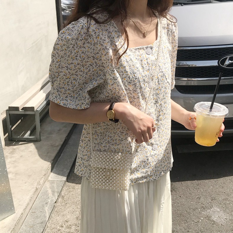 [現貨]方領襯衫上衣 123145韓版氣質碎花休閒短袖襯衣