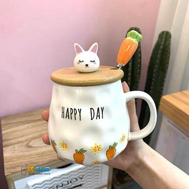 新品韓式可愛卡通兔子陶瓷馬克杯帶蓋勺胡蘿卜女生早餐牛奶水杯子