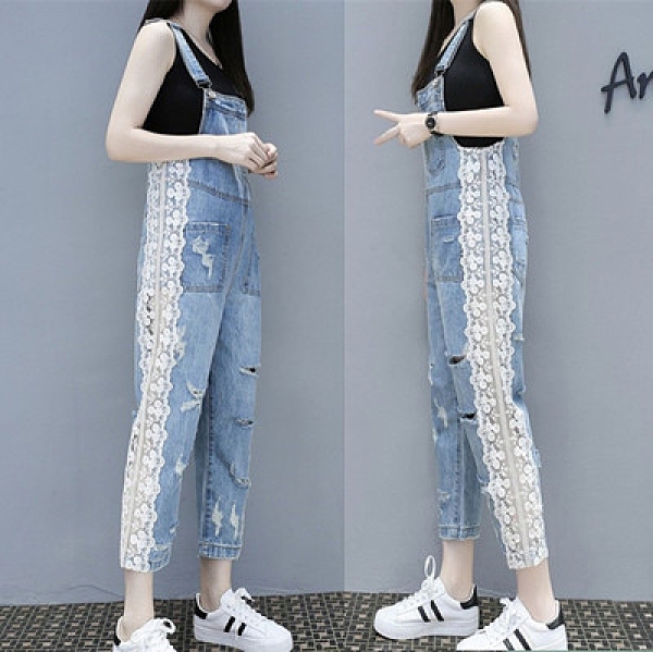 吊帶褲 重工釘珠蕾絲拼接鏤空破洞九分牛仔背帶褲8091 8091紅粉佳人
